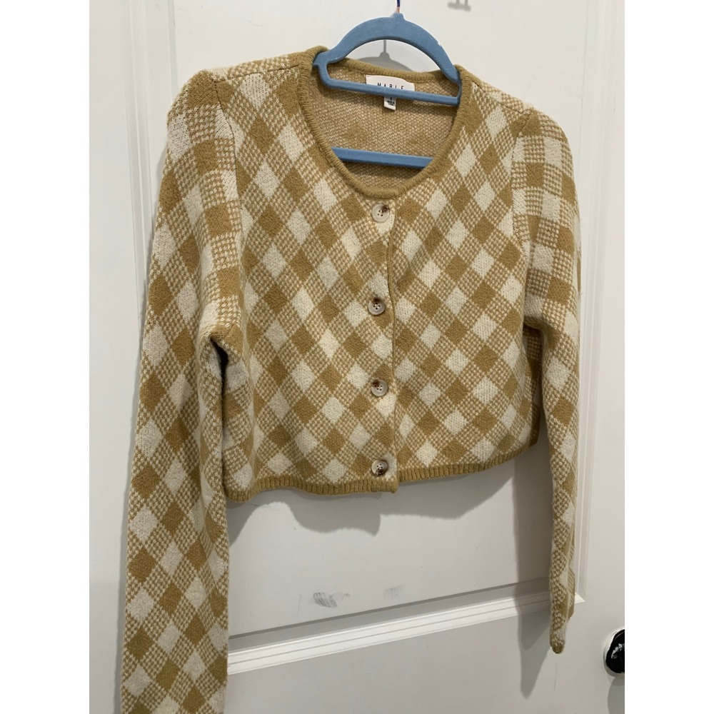 Mable Tan White Argyle Cropped Cardigan Sweater V-Neck Button Front Small